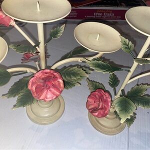 Vintage Floral Candle Holder with Pink and Green Accents